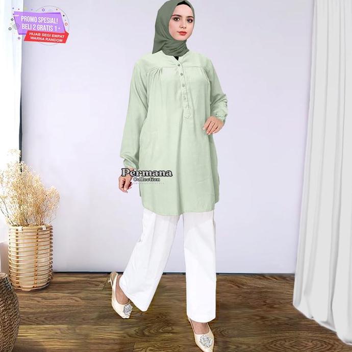 Promo Atasan Blouse Wanita Jumbo Busana Muslim Lengan Panjang Hijau Mint Rayon Nyaman Santai Viscose