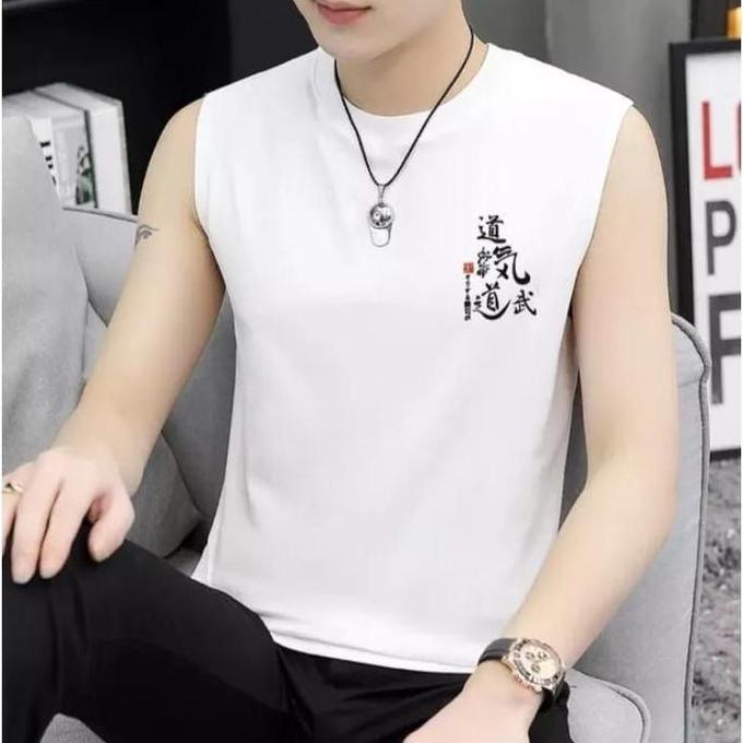 DB46 - / Baju Tanpa Lengan Pria Motif Kanji Lama / Baju Oblong Pria / Baju Atasan Pria Tanpa Lengan 