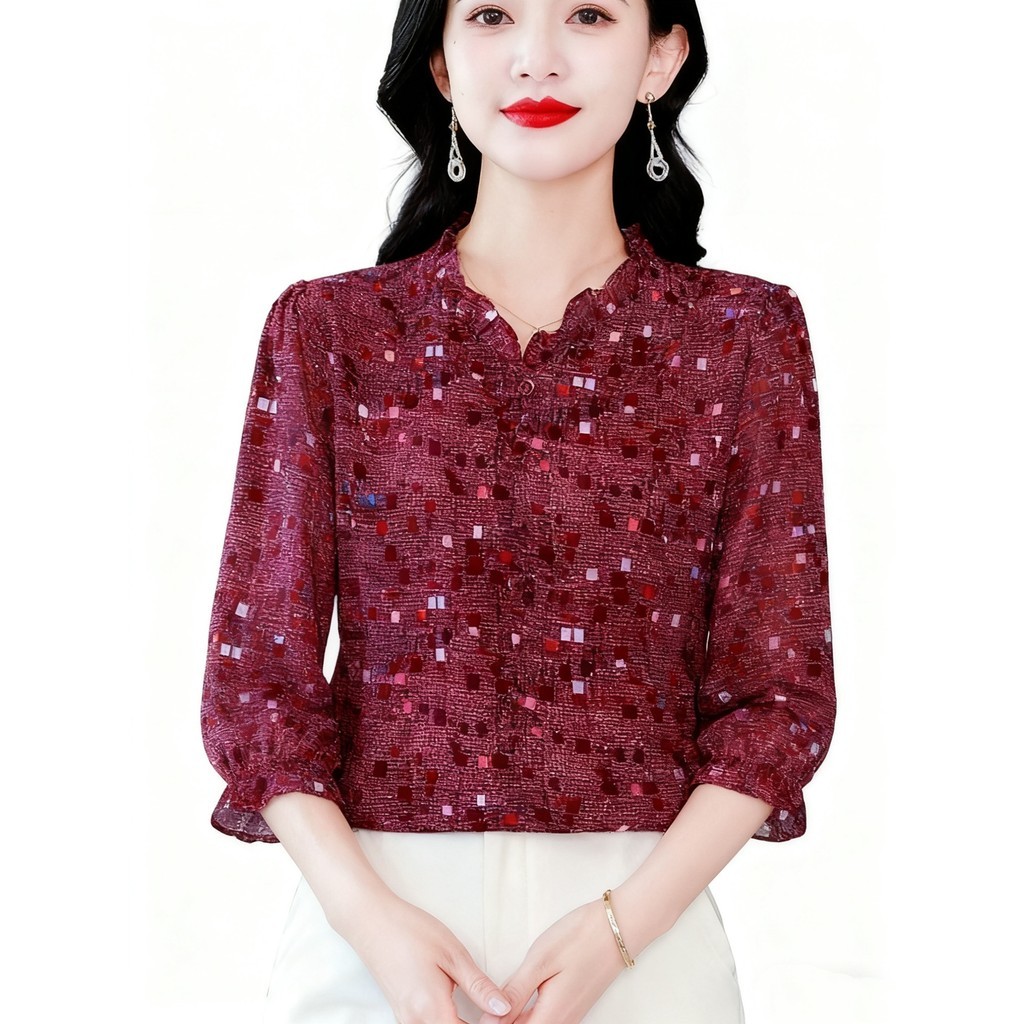 Bebovizi Biru Merah Coklat Blus Sifon Lengan 3/4 Kemeja Kerja Kasual Wanita