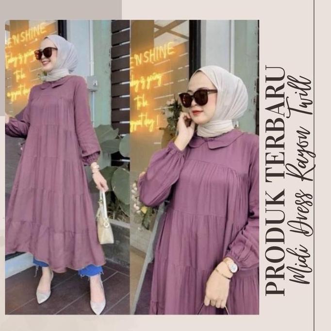 Terbaru Midi Dress Twill Premium/Midi Dress Twill/Midi Dress Rayon Twill/Midi Dress Tali Belakang Ba