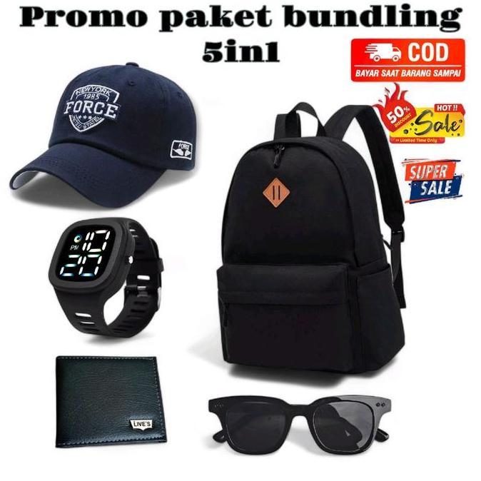 DN42 - PAKET HEMAT  BUNDLING 5IN1 TAS RANSEL,TOPI BASEBALL,JAM DIGITAL,DOMPET,KACAMATA Pria Backpack