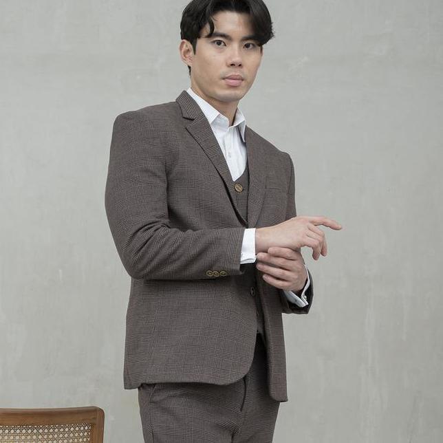 Houseofcuff Jas Celana Vest Rompi Blazer Coklat Slim Fit Motif Kotak