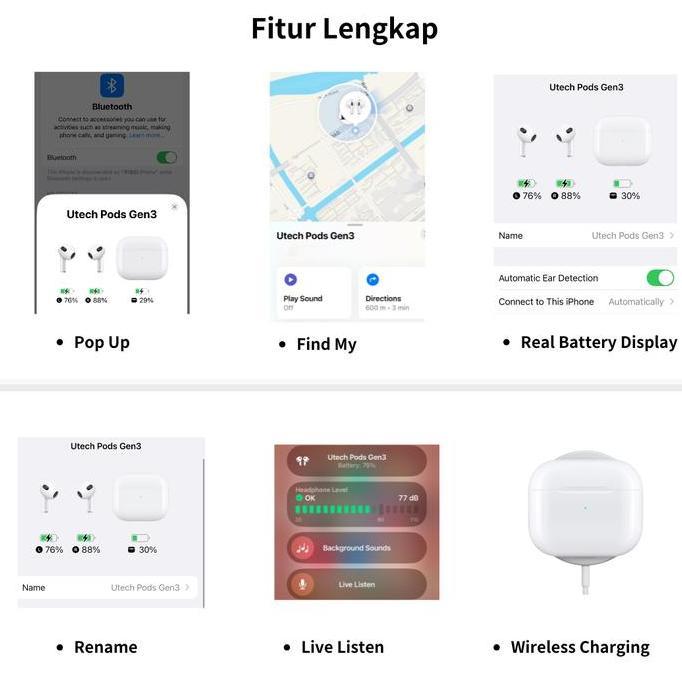 DB201 - Utech TWS Gen3 Earphone Bluetooth Headset Bluetooth Wireless Earbuds Super Bass dengan Audio