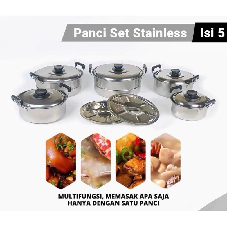 Panci Set Susun 5 + Kukusan Stainless Tahan Panas