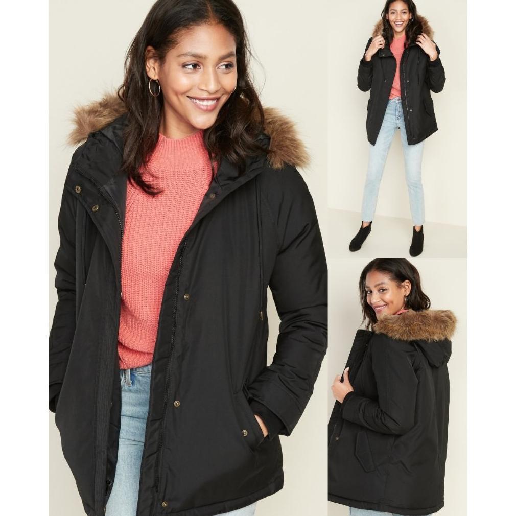 OLN Hooded Faux-Fur Trim Parka for Women | Jaket Winter Wanita - 8186