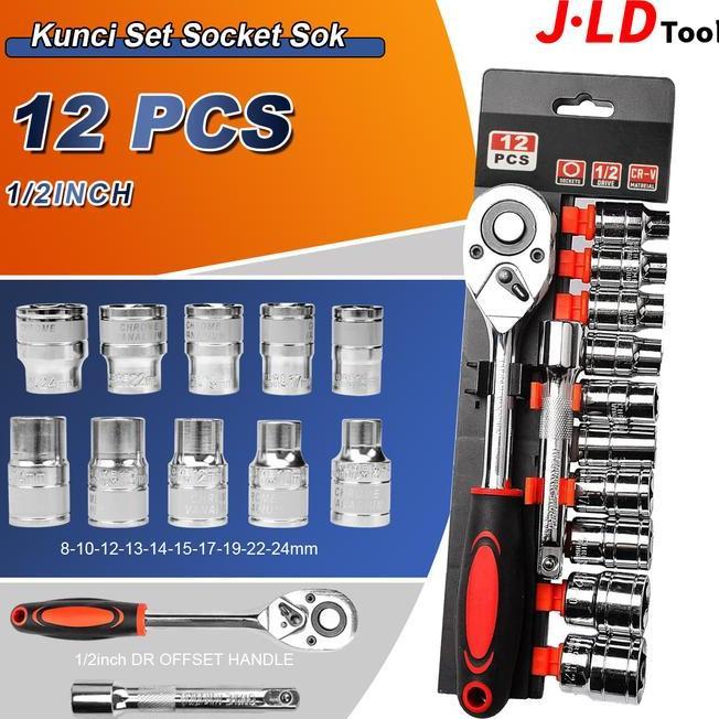 D Kunci Set Soet Sok Crv 12Pcs Kunci Sok Wrench Rachet Alat Perkakas Lengkap Motor Rachet Handle Mul