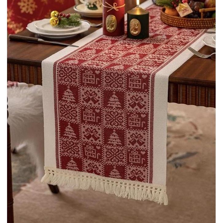 Table Runner Raya Merah | Taplak Meja Natal Estetik Alas Meja Makan & Dekorasi Ruang Tamu JS