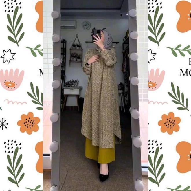 Set Tunik Wanita  One Set Long Tunik Kancing Motif / Bahan Atasan Rayon Diamond Mix Crinkle Airflow 