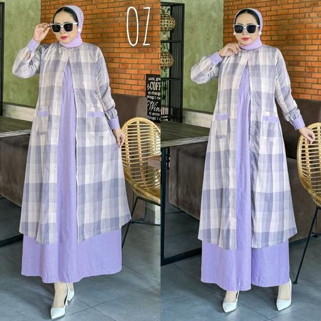 Indah Fashion - Set Auter ( Fauzana ) Maxi Dress Katun Premium Wanita Set Outer Wanita Model Kekinia