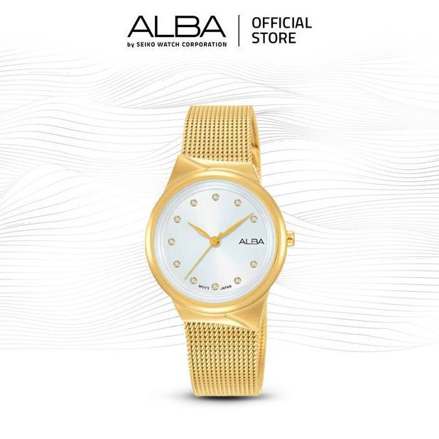 Alba Jam Tangan Wanita Fashion AH8616 / AH8616X1 Quartz Silver White Dial Gold Stainless Steel Mesh 