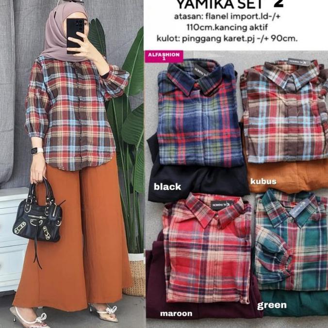 Setelan Yamika Set 2 3 Kemeja Lengan Panjang Blouse Bahan Flanel Celana Kulot Crinkle Ld 110Cm Pj Ce