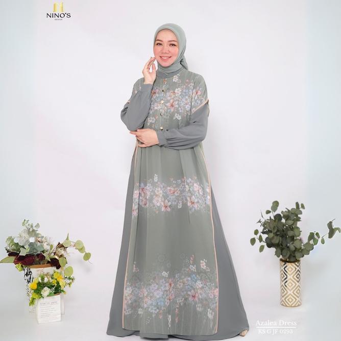 Ninos Design Azalea Dress Yurizu Kafura Babydoll Gamis Motif Bunga Cantik Kancing Depan Panjang Pink