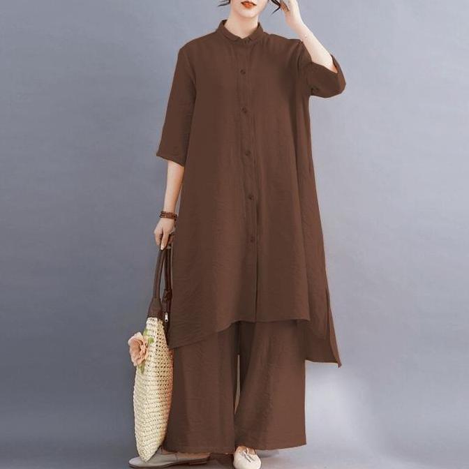 Lesya Setelan Wanita One Set Jumbo Atasan Tunik Dan Celana Kulot Bahan Katun Linen Rami Daily Set Ke