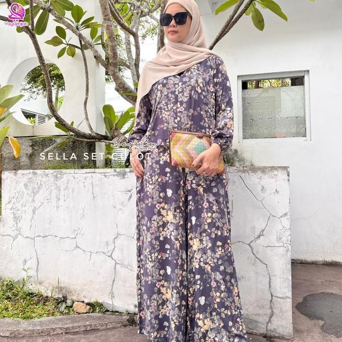 Sella Set Kulot Oneset Rayon Motif Premium Lengan Panjang Celana Panjang Hightwaist Terbaru Kekinian
