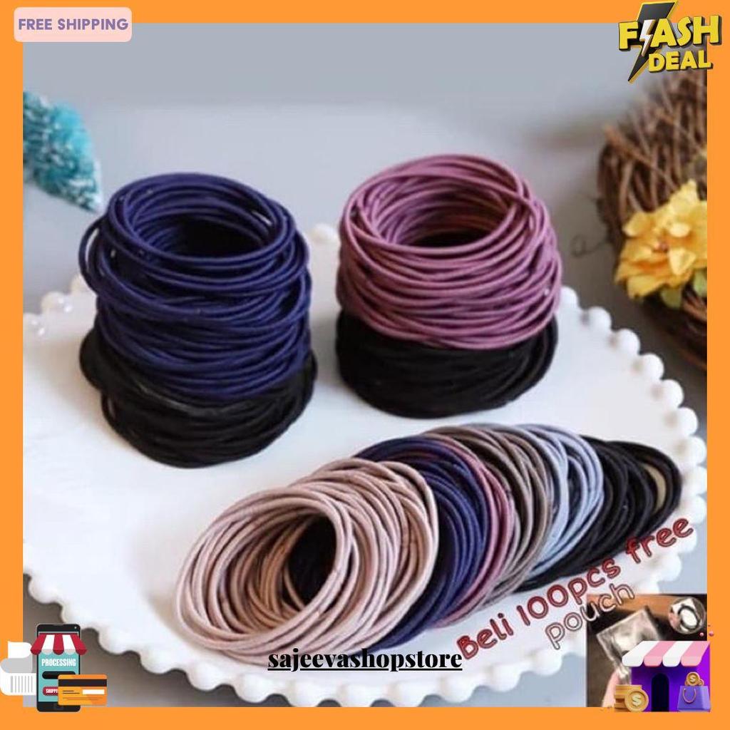 V011 Set 100Pcs + Pouch Ikat Rambut Cewe Korea Warna Warni Lucu Simple Gratis Ongkir
