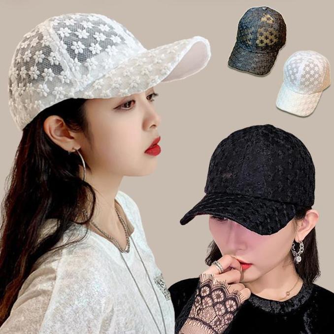 DR264 - Topi Distro Wanita Korea Baseball Cap Hitam Gaya Jepang Fashion Outfit Casual Aksen Renda Bu