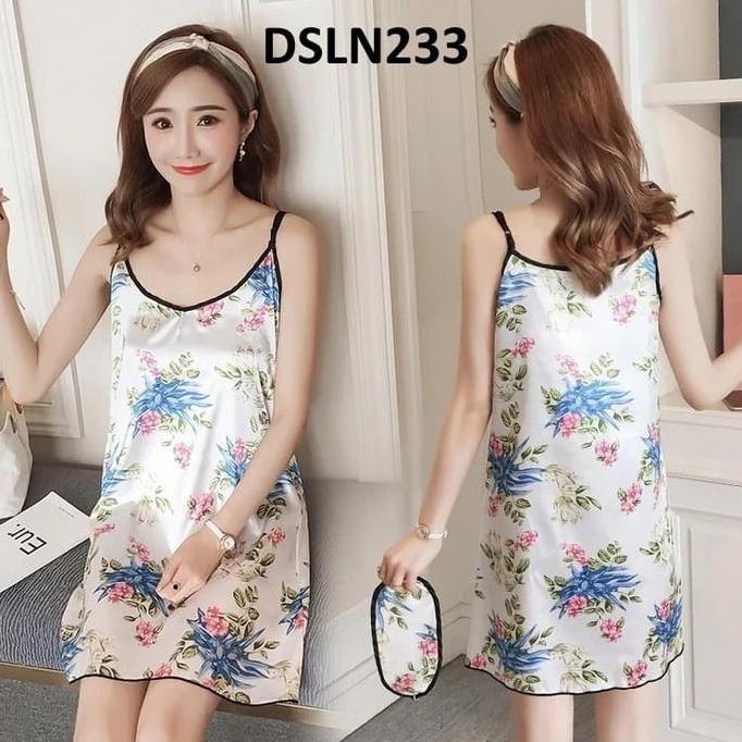 Daster Tanktop Satin Flower Pink White murah