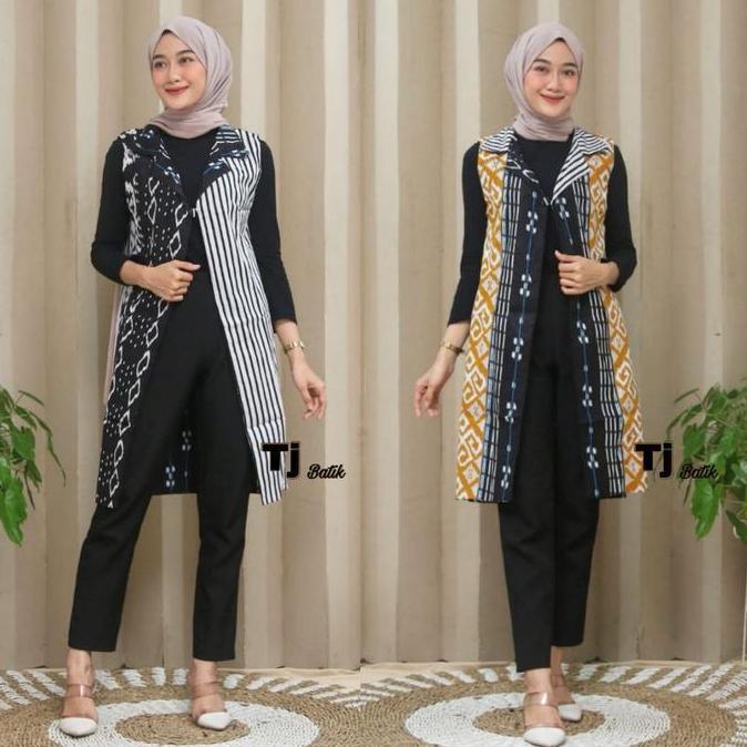 Long Cardi Batik Motif Bolak Balik Atasan Wanita Outer Panjang Tanpa Lengan Cardigan Batik Modern In