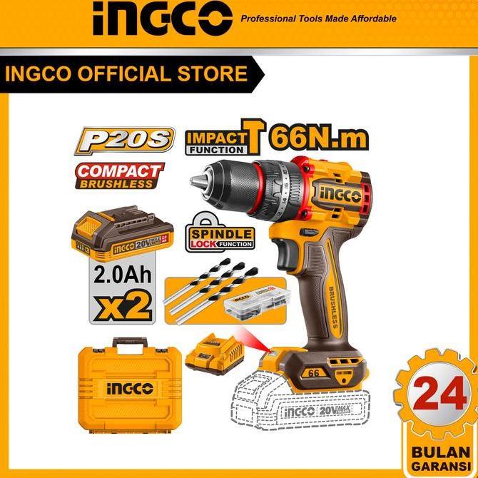 Ernawilman89 - INGCO 20V Bor Impact Cordless 66Nm Kompak Tanpa Sikat 2 Kecepatan 2 Baterai