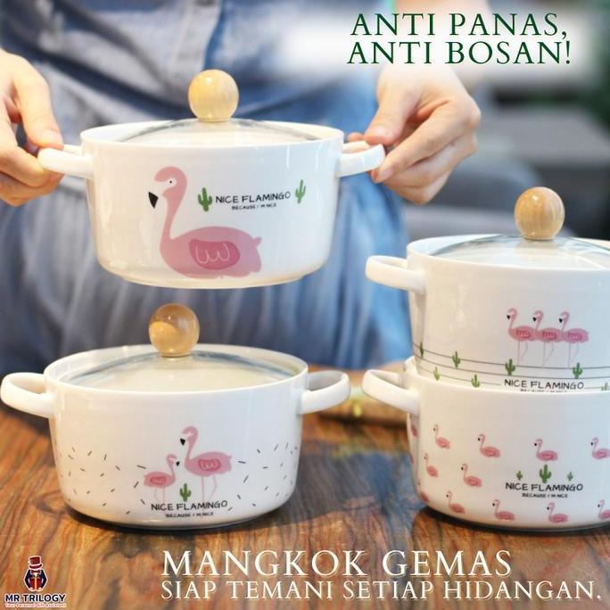 Mangkok Korea Aesthetic Mangkok Keramik Tutup Kaca Flamingo Handle Tahan Panas 800ML Kado Lucu Mangk