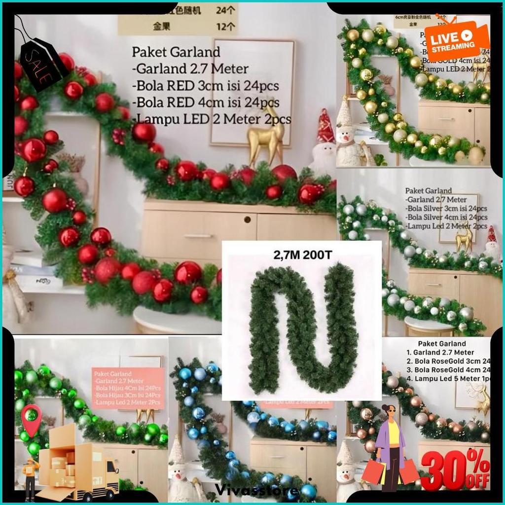 2.7 Meter Garland Daun Kawat Lilit 200T Murah Hiasan Dekorasi Natal Christmas / Dekorasi Natal Krans