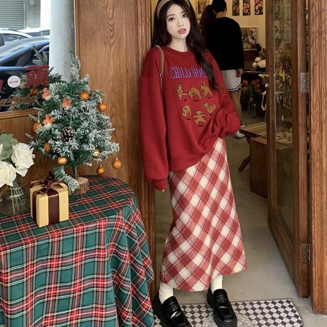 Rok Kotak-kotak Retro Pinggang Tinggi Temperamen Serbaguna Rok A-line Rok Midi Belahan Wanita Kulit 