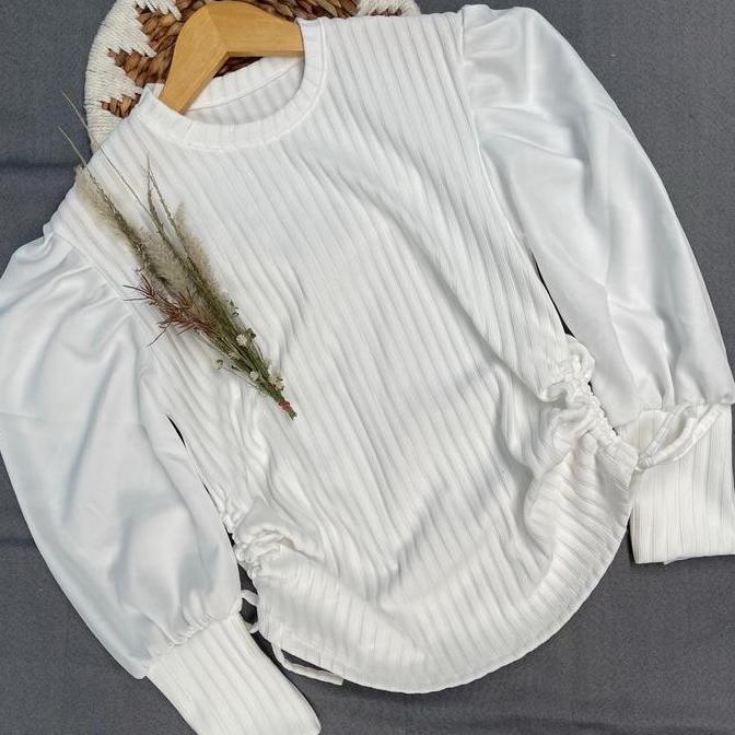 DS76 - New Puffy Sleeve Top Blouse Serut Baju Casual Lengan Balon Atasan Wanita Basic Korean Style