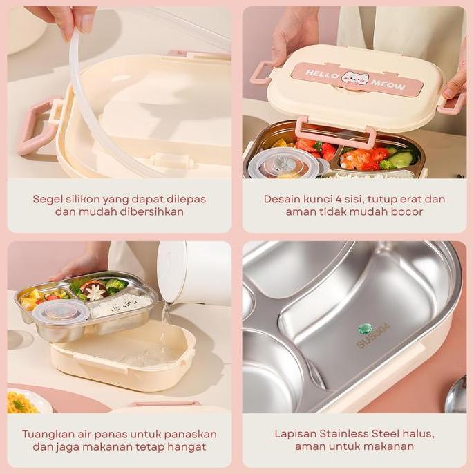 [PINK] FREE TAS Lunch box kotak makan Set stainless 304 sekat 4/5 1500ml anti tumpah sendok garpu St