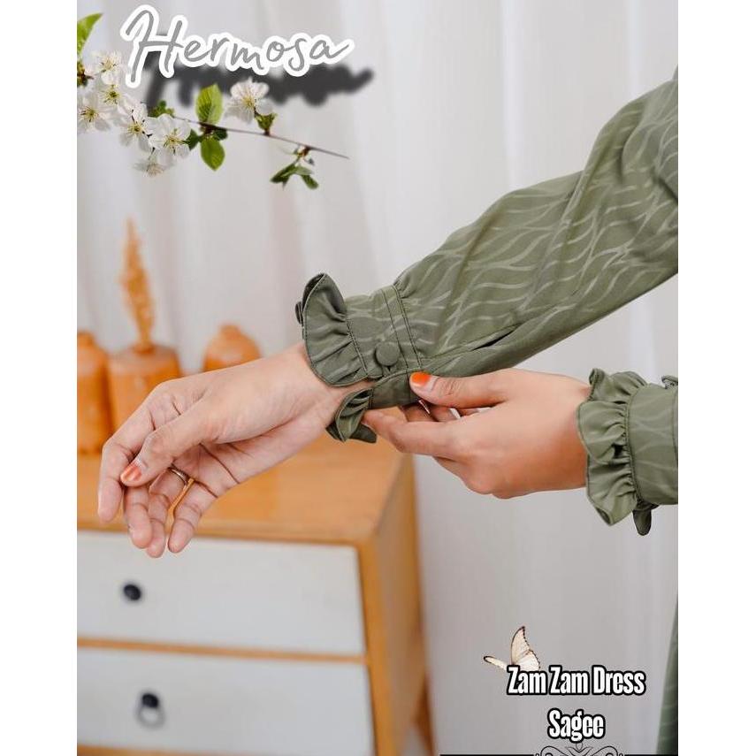 [Gamis hermosa]Gamis hermosa wolfis embos motif zamzam sage green-gamis hijau sage terbaru-gamis pre