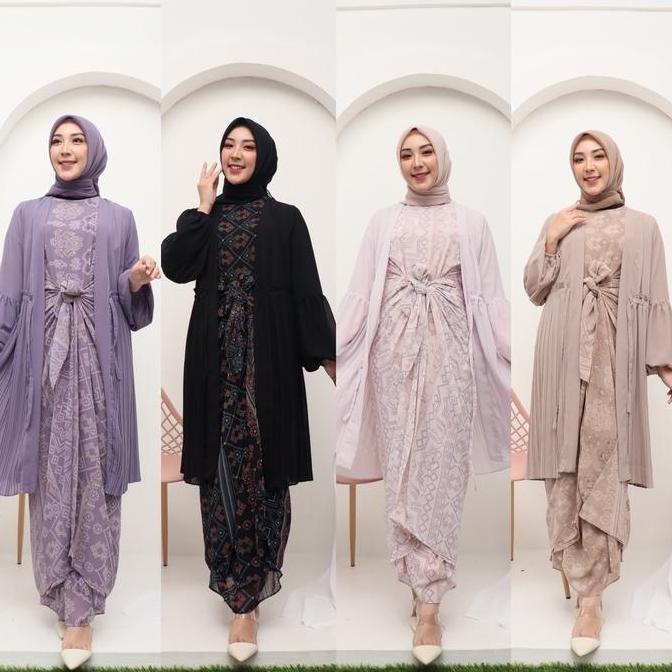 SET ZALVA KAFTAN IKAT CERUTI MOTIF PLISKET GIES 168 KAFTAN DRESS KEKINIAN Dress Fit Muslim Kondangan