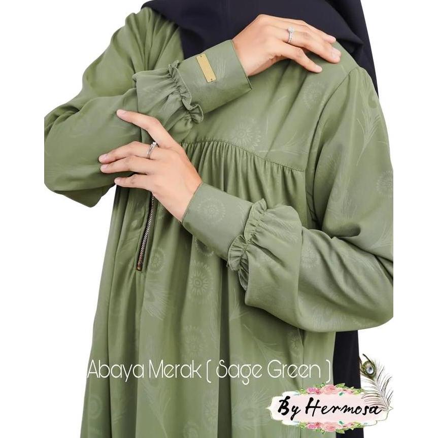 [Abaya Hermosa] Abaya Hermosa motif merak warna sage green-Abaya sage green-abaya hijau sage kekinia