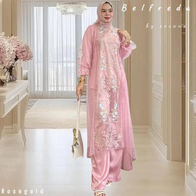 BELFREDA oneset setelan tunik celana brukat utk pesta kondangan hajatan kajian lebaran Atasan Bordir