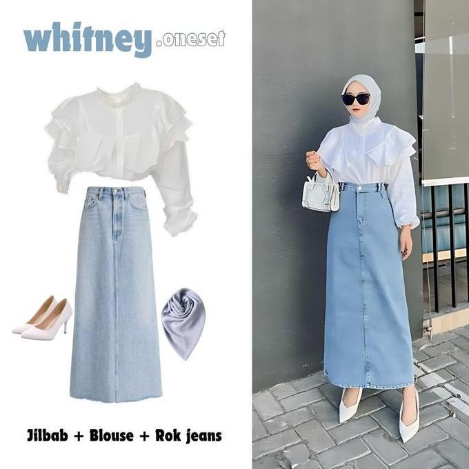 3in1 One set wanita baju atasan blouse putih lengan panjang rempel ruffle rok jeans panjang jilbab b