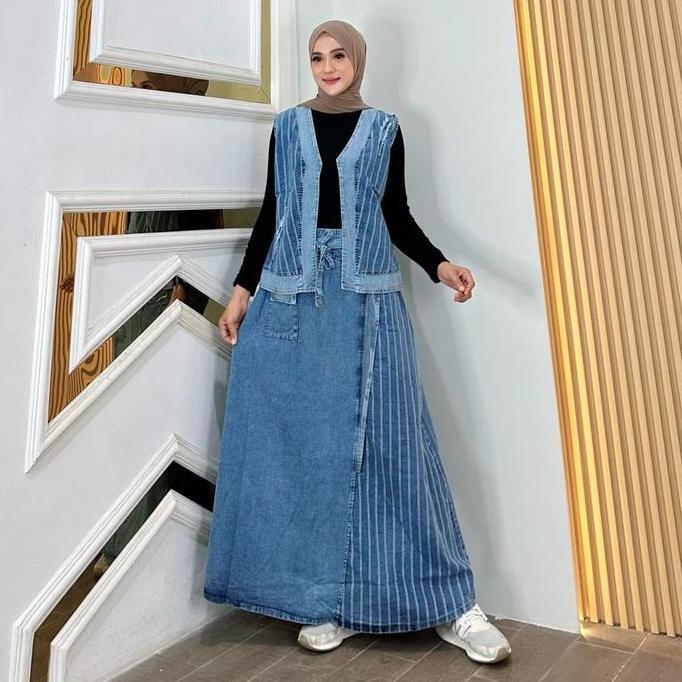 Felixa One Set Jeans Rompi Salur Fashion Muslim Wanita Kekinian
