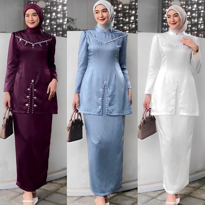 Fayra Oneset Kondangan Baju Kurung Melayu Silk Premium Payet Mutiara Kebaya Modern Wisuda Set Baju B