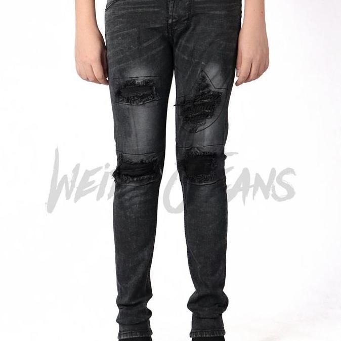 Weird Jeans - Austin Black - Celana Jeans Pria Slimfit Strech Ripped Tambal Denim Nyaman Stretch