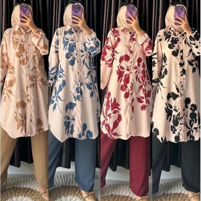 Setelan Munna Tunik Set Oneset Tunik Wanita Motif Bunga Celana Kulot Panjang Muslim Jumbo LD120