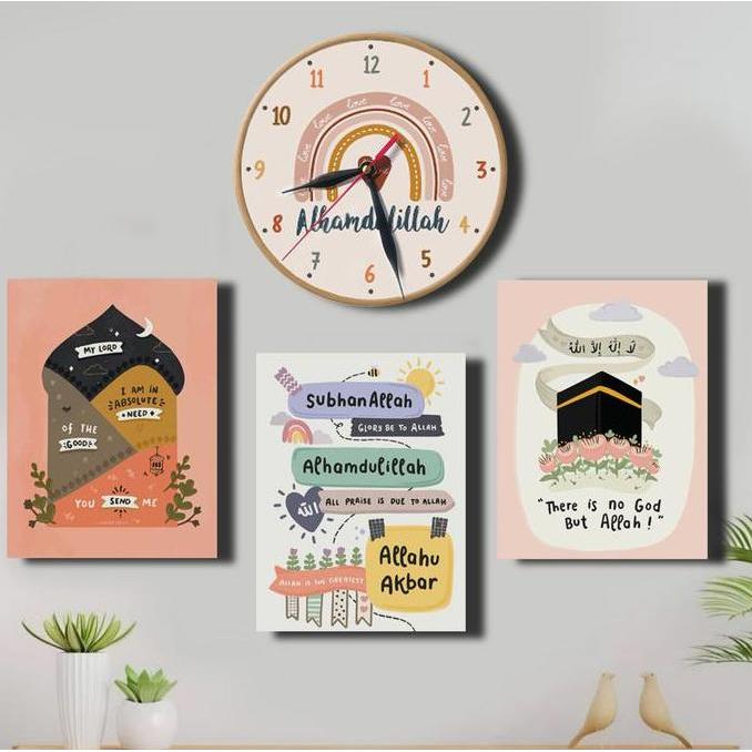 Jam dinding islami motivasi dan 3 hiasan dinding estetik walldecor kabah