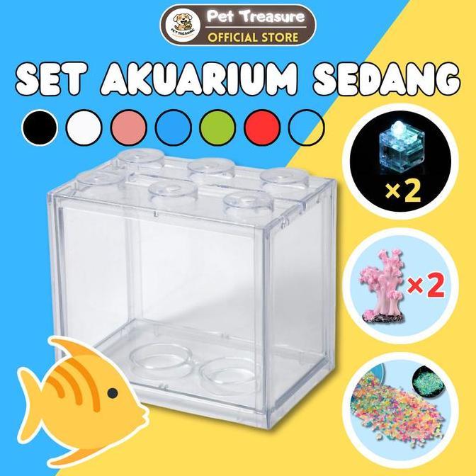 Set Akuarium Mini Akrilik 16x15cm Transparan Modular dengan Lampu LED Warna Warni Slow Flash Batu Be