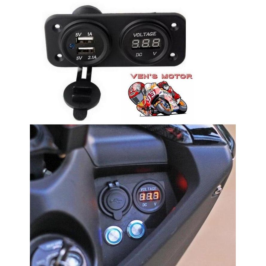 Promo Charger Motor Nmax Dual USB Port Dengan Volmeter Waterproof COD