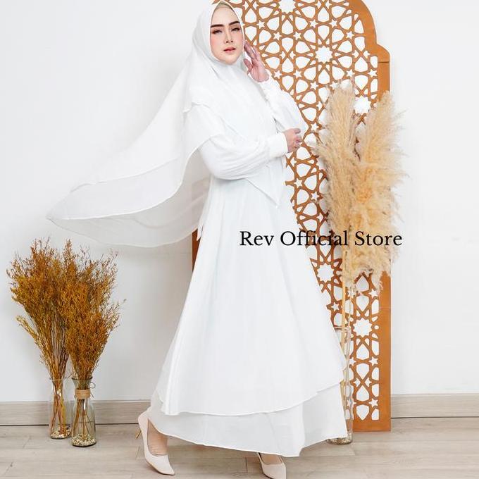 Gamis Rev Set Khimar Wanita Syar'I Busana Haji Dan Umroh Putih Ceruty  Mewah