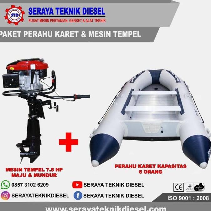 MESIN TEMPEL 7.5 HP & PERAHU KARET 6 ORANG 3 x 1.5 M SIAP PAKAI
