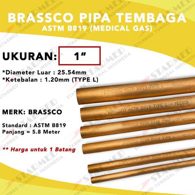 Brassco Pipa Tembaga Batangan Astm B819 1" - Pipa Gas Medis