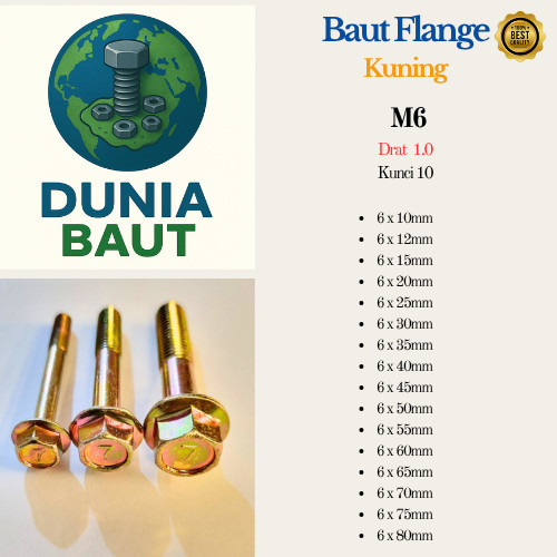 (10 Pcs) Baut Flange Kuning Ukuran M6 (Kunci 10) Lapis Galvanis