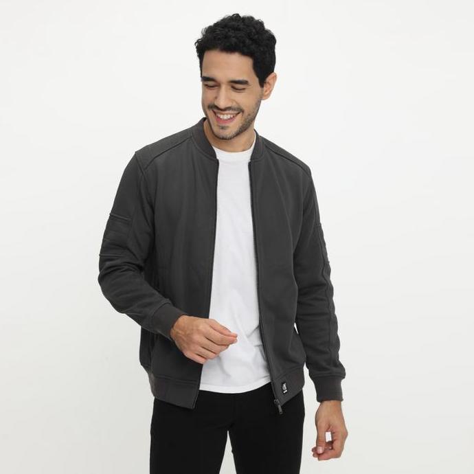 Sale D&F Jaket Pria Unisex Bomber Casual Rib Tulang - Abu Tua