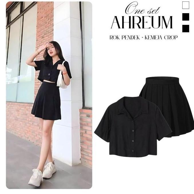 Ahreum 2in1 Setelan Wanita Sporty (Atasan Kemeja Crop Top Hitam + Bawahan Rok Pendek Basic Hitam ) B