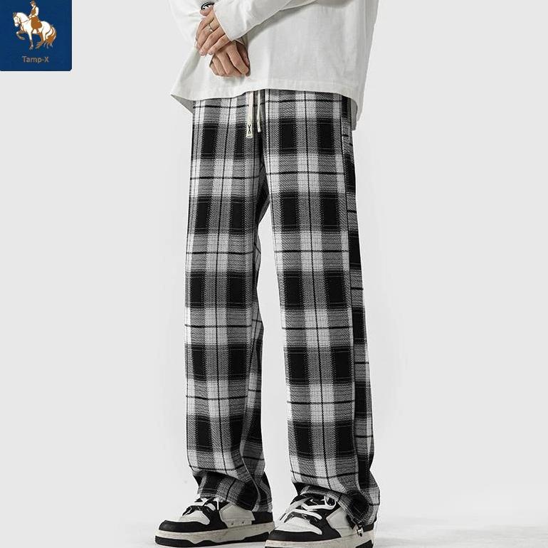 Tamp-X Oversize Jumbo Celana Panjang Pria Joger Baggy Pants Santai Kotak Kotak Korean Style