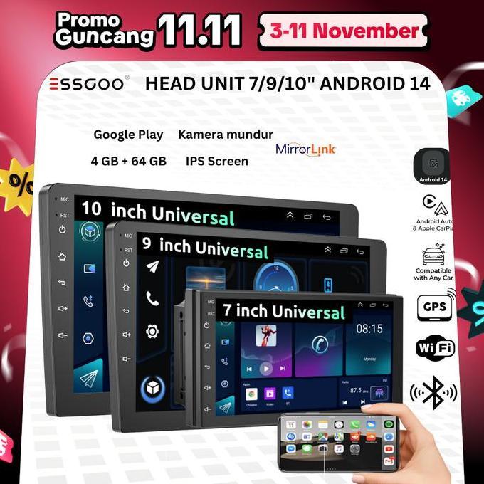 ESSGOO Head Unit Android 14 mobil 4G+64G  7/9/10 Inch 2 Din Kontrol Suhu Cerdas IPS Layer Mobil Navi
