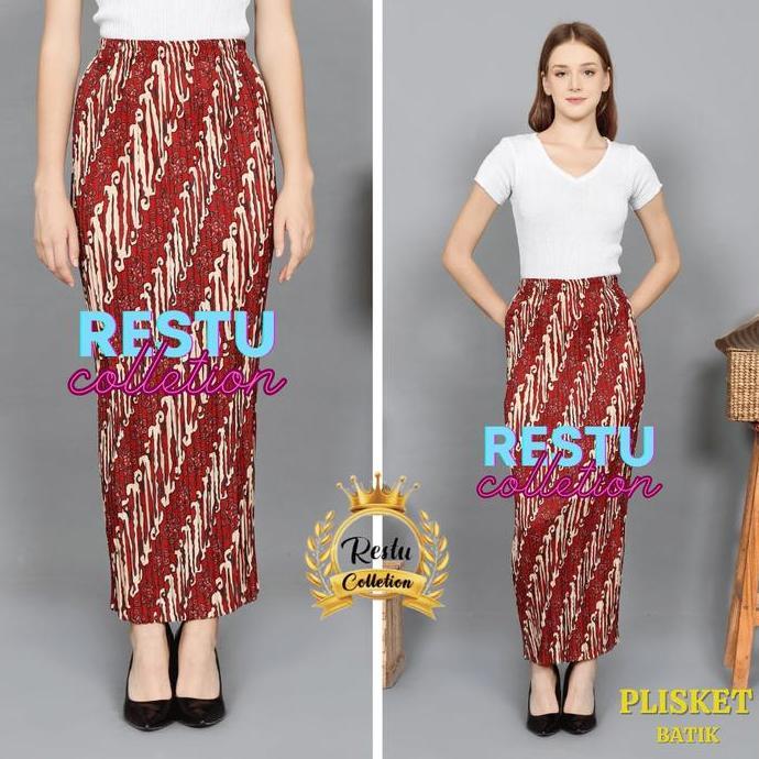 DE136 - Rok Plisket Span Batik Wanita Bawahan Kebaya Wisudan Kondangan Premium Panjang Semi Motif Pe