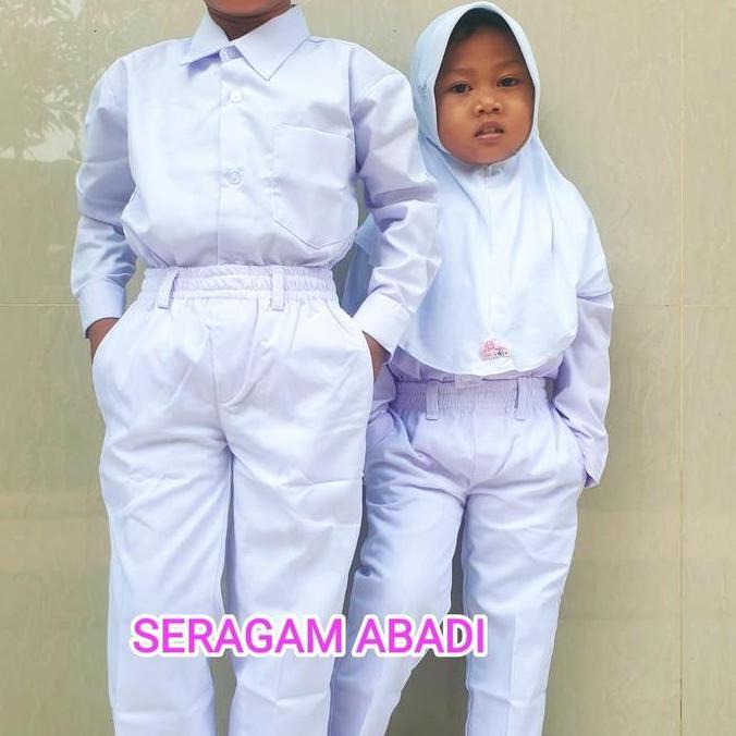 celana panjang putih sekolah tk, sd, mi pinggang full karet bahan navara japan drill